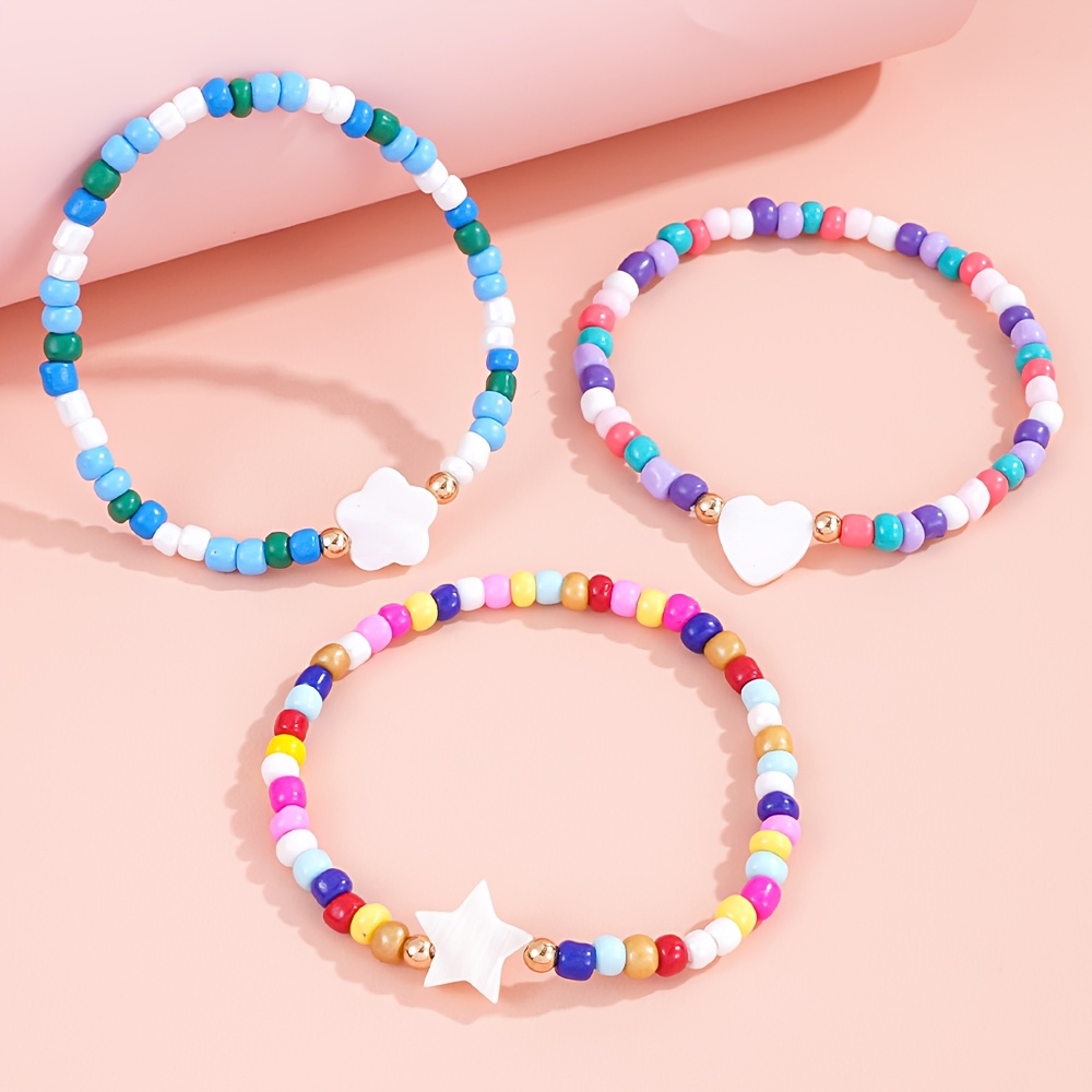 12pcs Kids Stretch Beaded Bracelets Set, Colorful Charm Accessories